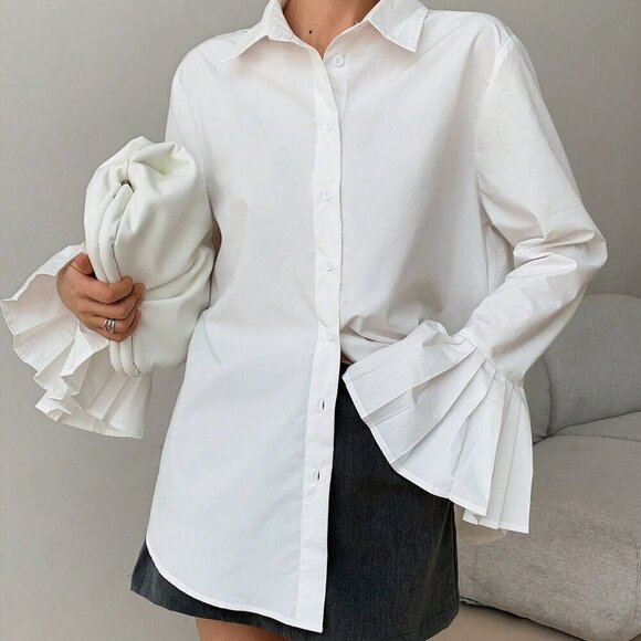 White Casual Women's Korean Shirt With Ruffled Cuffs - Picture 5 of 6